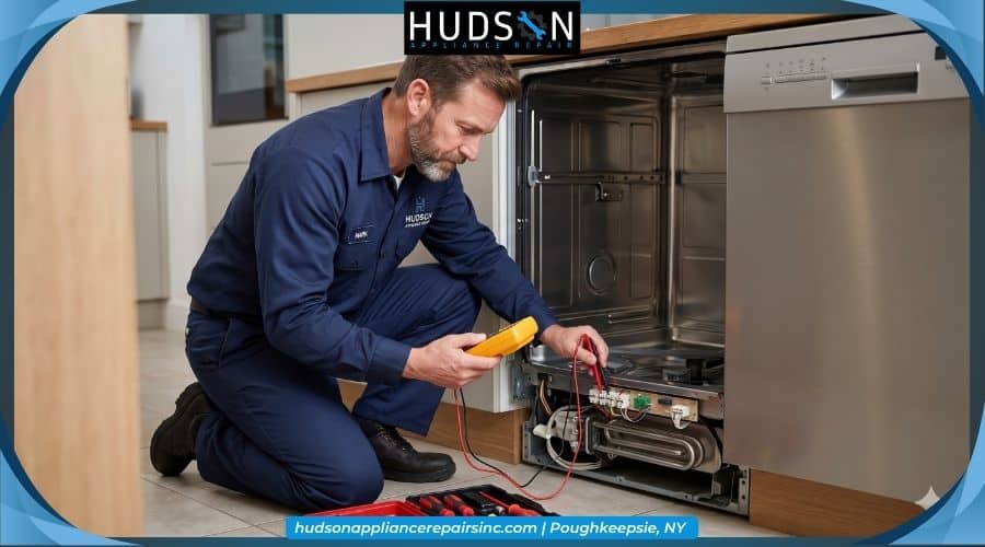 An appliance repair technician testing the internal electrical components of a dishwasher.