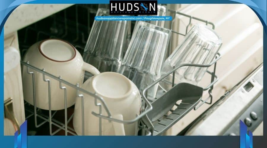 Cloudy and spotty glassware sitting inside a dishwasher rack.