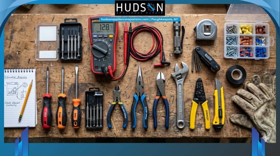 dishwasher-pump-testing-tools - A flatlay of appliance repair tools including a digital multimeter, screwdrivers, and pliers on a workbench.