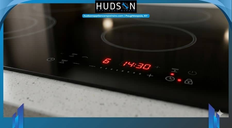 Close-up of an induction cooktop's digital touch control panel illuminated with red numbers.