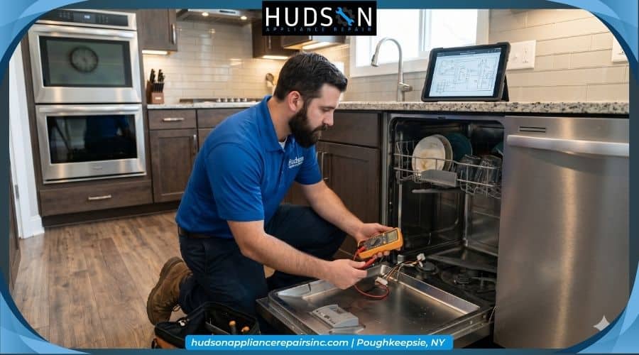 professional-dishwasher-repair-technician - A professional appliance repair technician diagnosing a broken dishwasher in a modern residential kitchen.