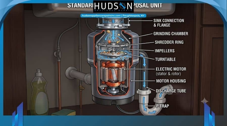garbage-disposal-motor-unit - The electric motor and housing of a standard garbage disposal under a kitchen sink.