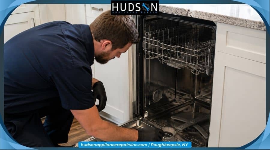 Technician repairing a dishwasher drain pump, a common Bosch dishwasher issue in Poughkeepsie, NY