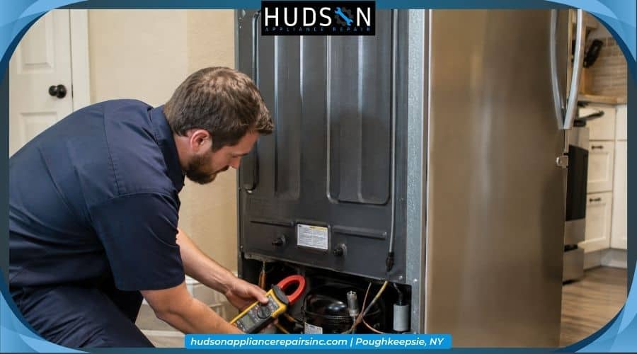 Technician repairing a refrigerator compressor that stopped cooling in Poughkeepsie, NY