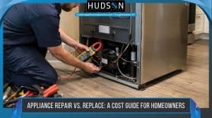Appliance repair technician measuring and inspecting a modern kitchen refrigerator