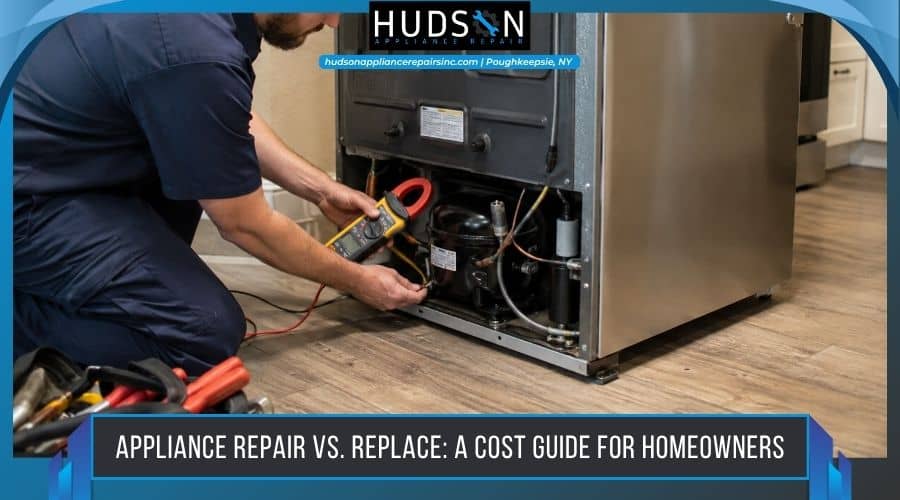Appliance repair technician measuring and inspecting a modern kitchen refrigerator