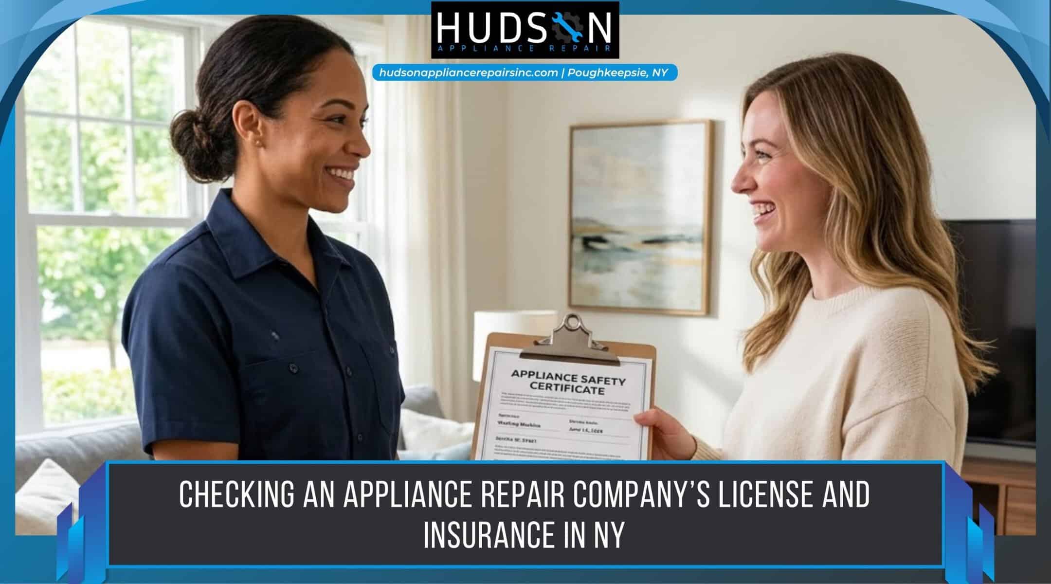 Appliance repair technician showing a homeowner a certificate during a home visit in New York