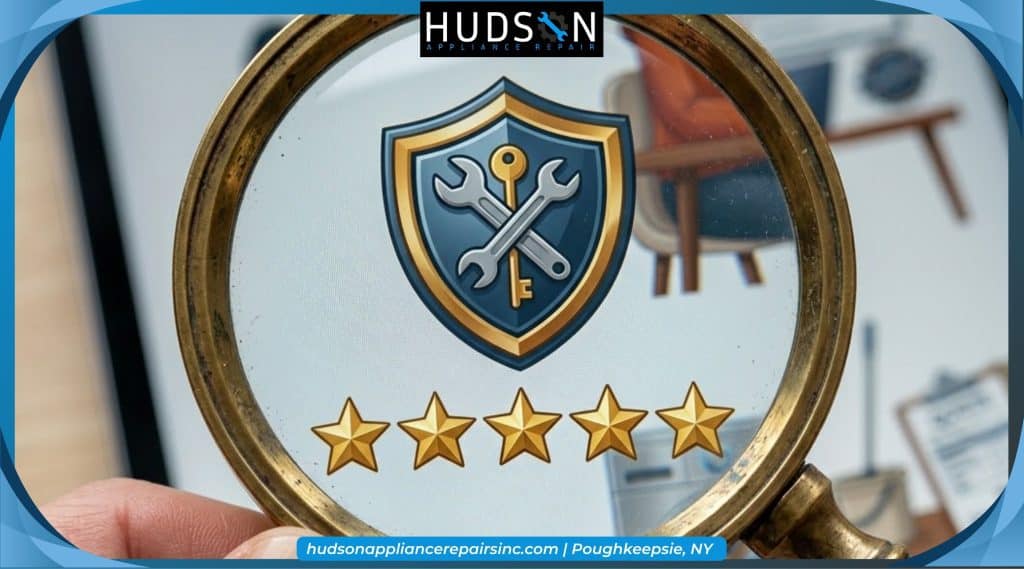 Magnifying glass over a repair shield and five stars for spotting warning signs before booking