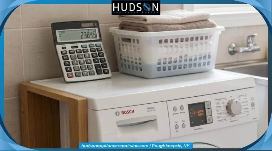 A calculator and notepad beside a washing machine showing cost estimation