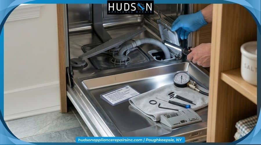 Open modern dishwasher being checked by a homeowner in a bright kitchen