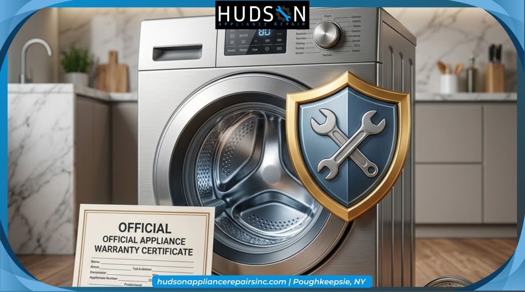 Front-load washer beside a repair shield and an appliance warranty certificate