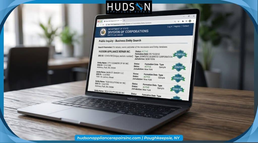 Laptop showing a New York business entity search used to check an appliance repair company